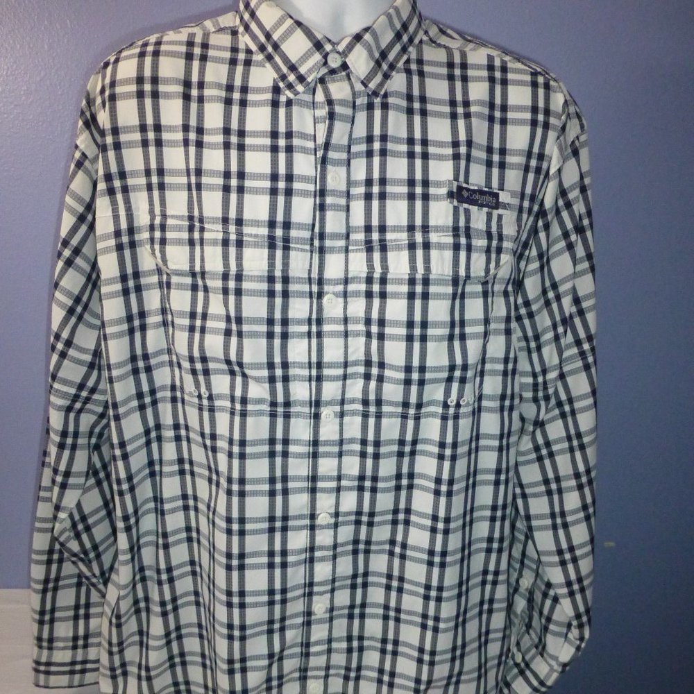Men Columbia PFG Omni-Shade Blue White Plaid Long Sleeve Shirt XL